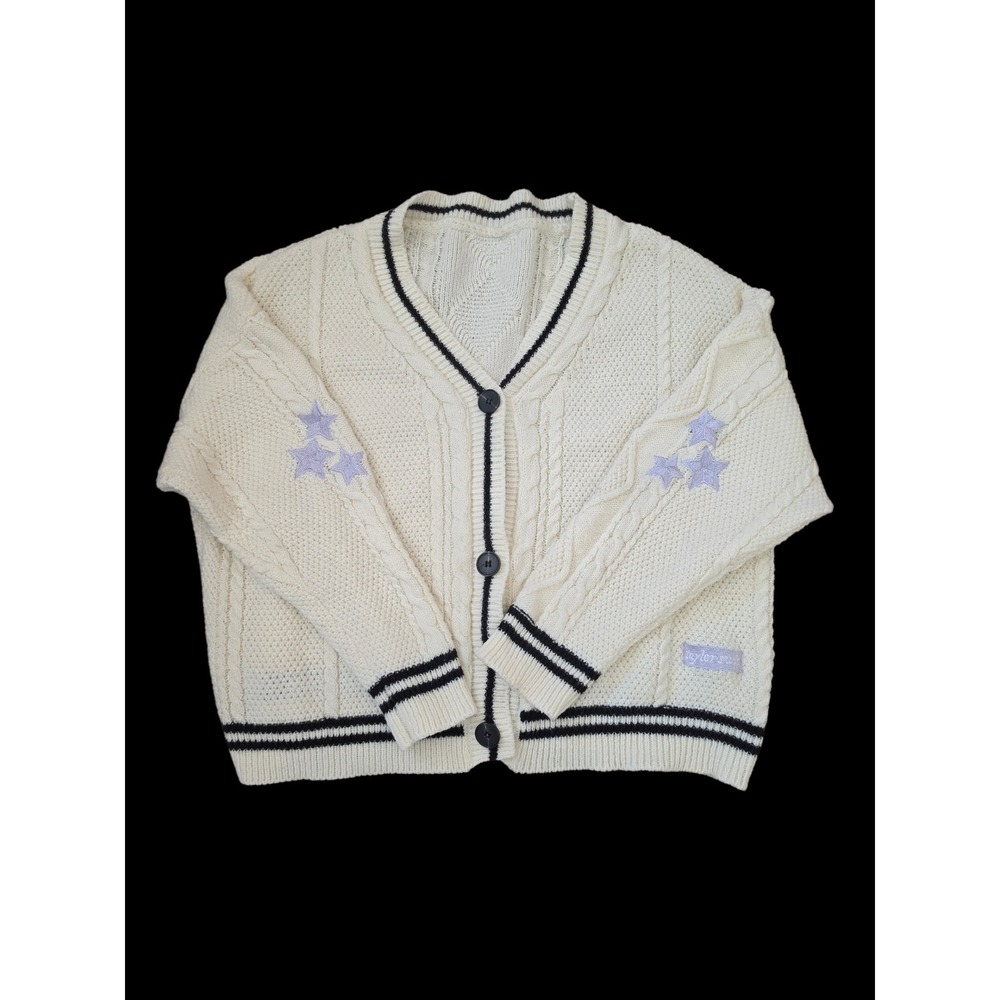Taylor Swift Folklore Cottage Stars Cable Knit White Oversized Cardigan sz M-L